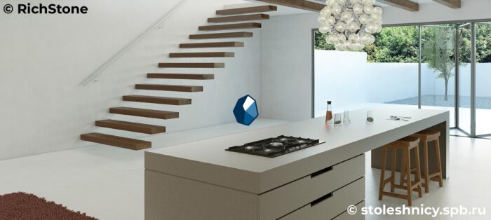 Прямая кухонная столешница из кварца однотонная с мойкой фото