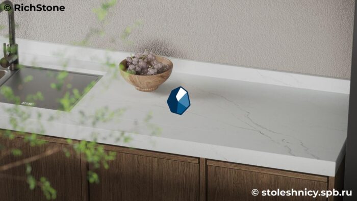 Белая угловая кухонная столешница из кварцевого агломерата с бортиком фото